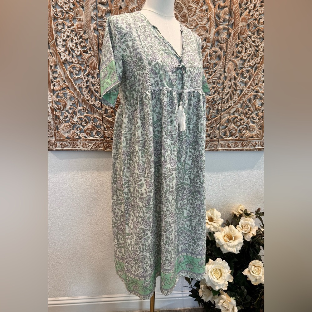 Hawalili Green & Lavender Floral Boho Midi Dress- size S oversized - Picture 3 of 16